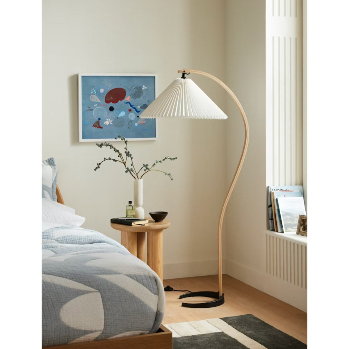 Caprani Floor Lamp – 1970s Scandinavian Bentwood & Pleated Linen Floor Lamp