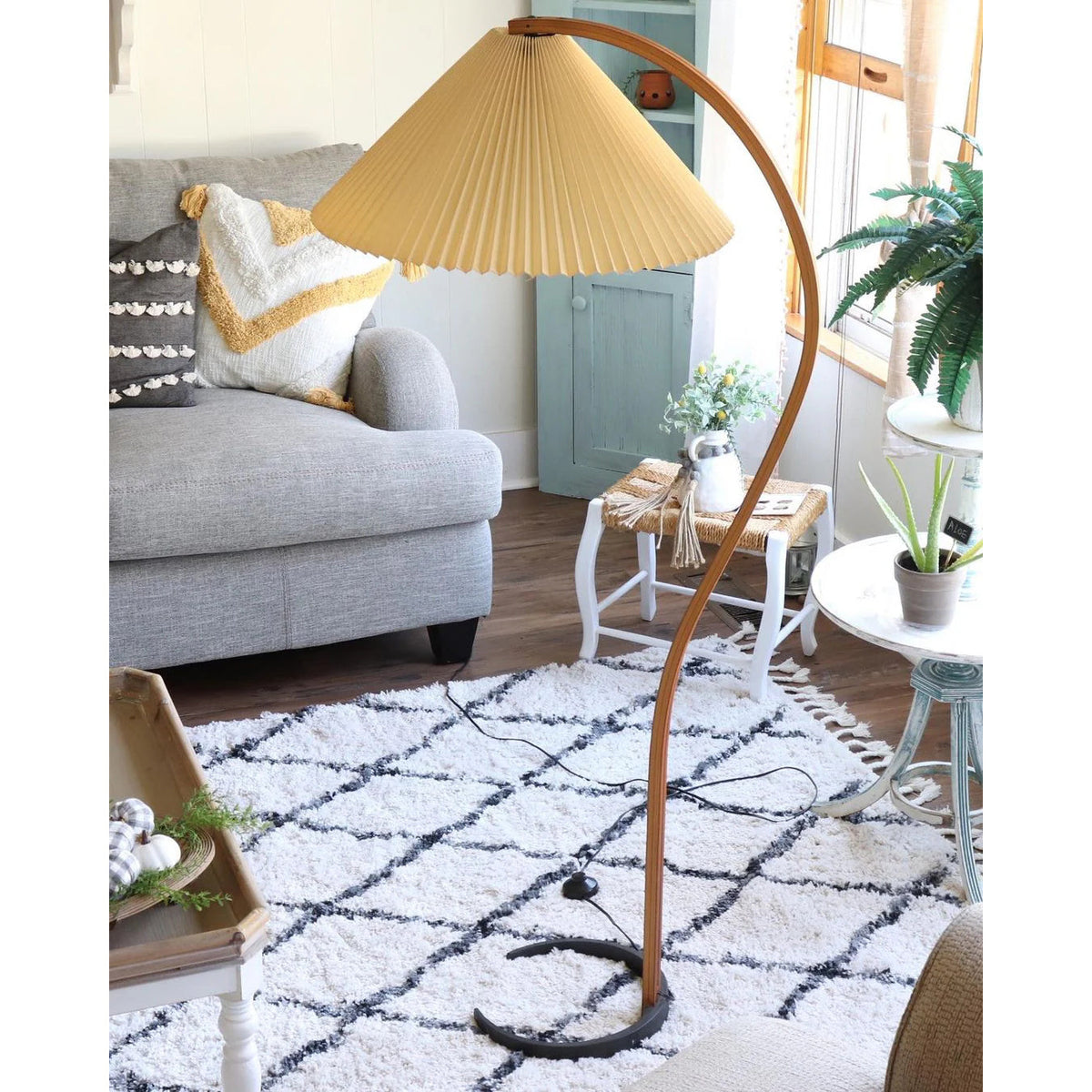 Caprani Floor Lamp – 1970s Scandinavian Bentwood & Pleated Linen Floor Lamp