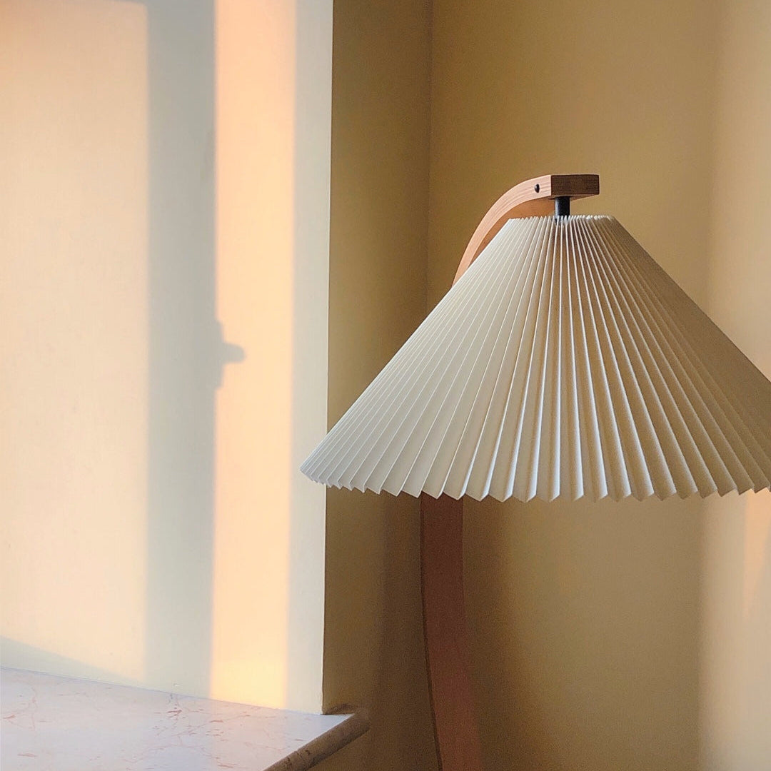 Caprani Floor Lamp – 1970s Scandinavian Bentwood & Pleated Linen Floor Lamp
