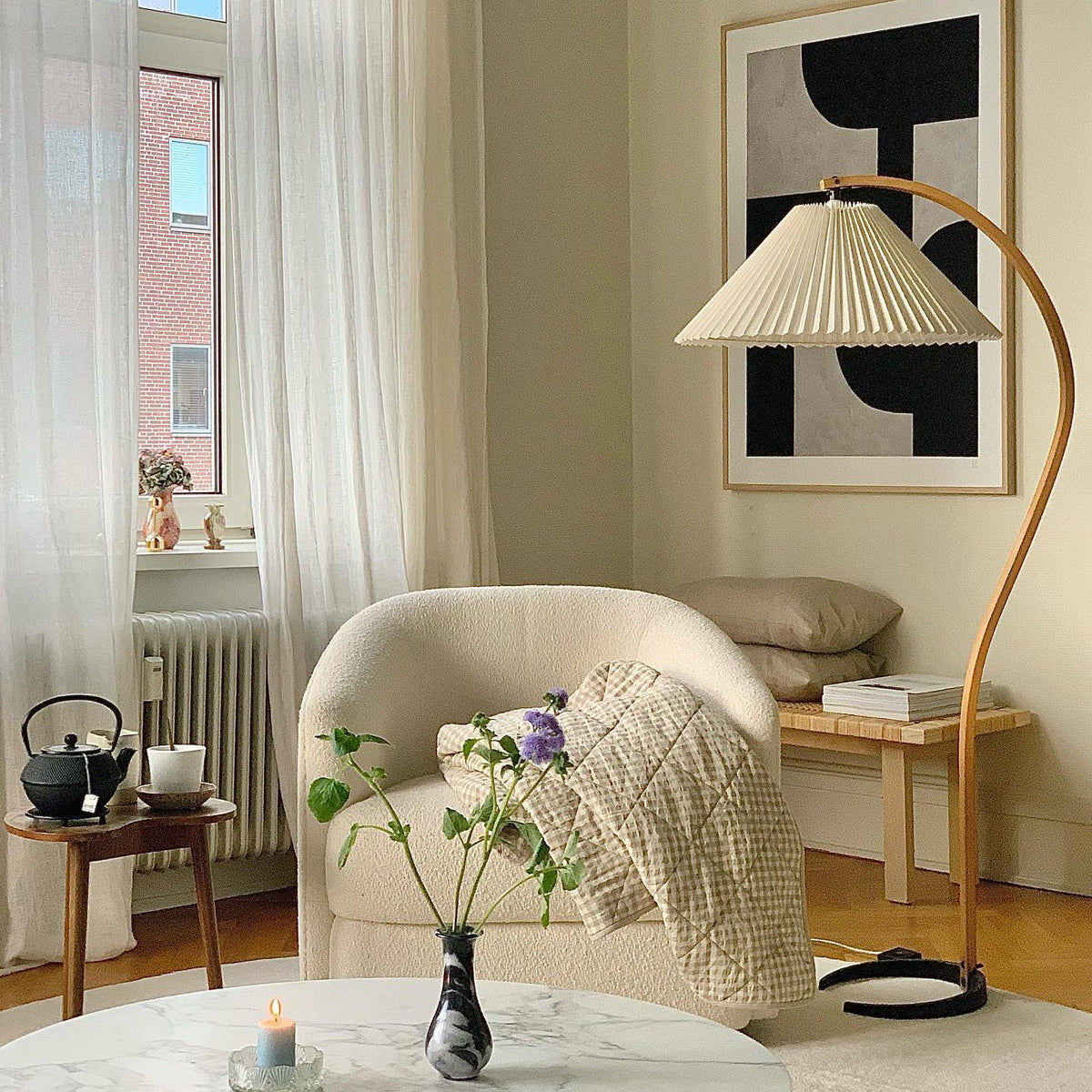 Caprani Floor Lamp – 1970s Scandinavian Bentwood & Pleated Linen Floor Lamp