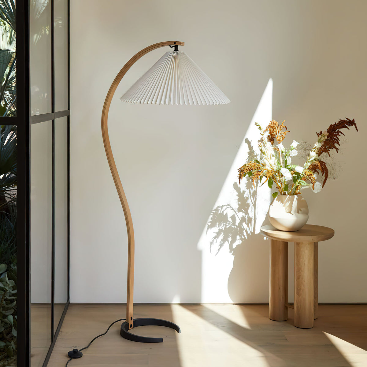 Caprani Floor Lamp – 1970s Scandinavian Bentwood & Pleated Linen Floor Lamp