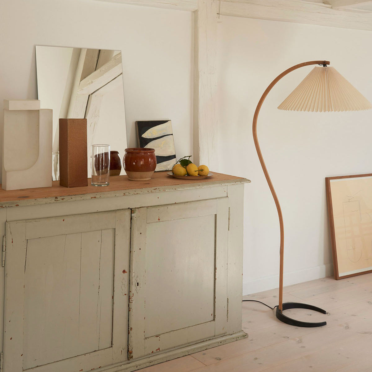 Caprani Floor Lamp – 1970s Scandinavian Bentwood & Pleated Linen Floor Lamp