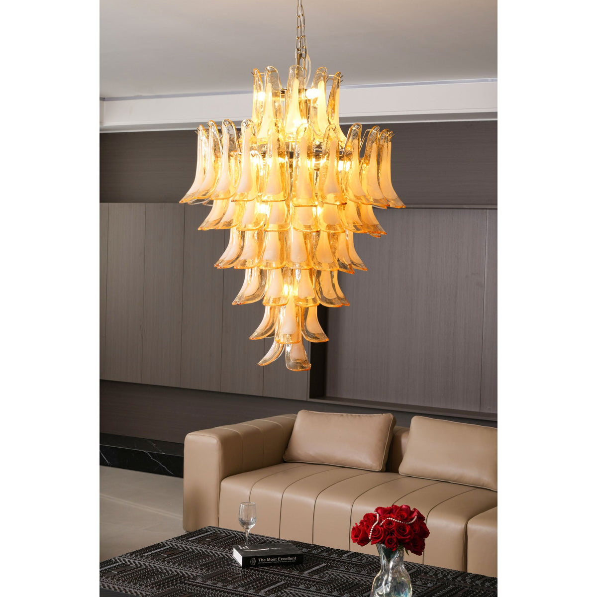 Caramello Petal Chandelier – Cascading Glass Petal Statement Chandelier