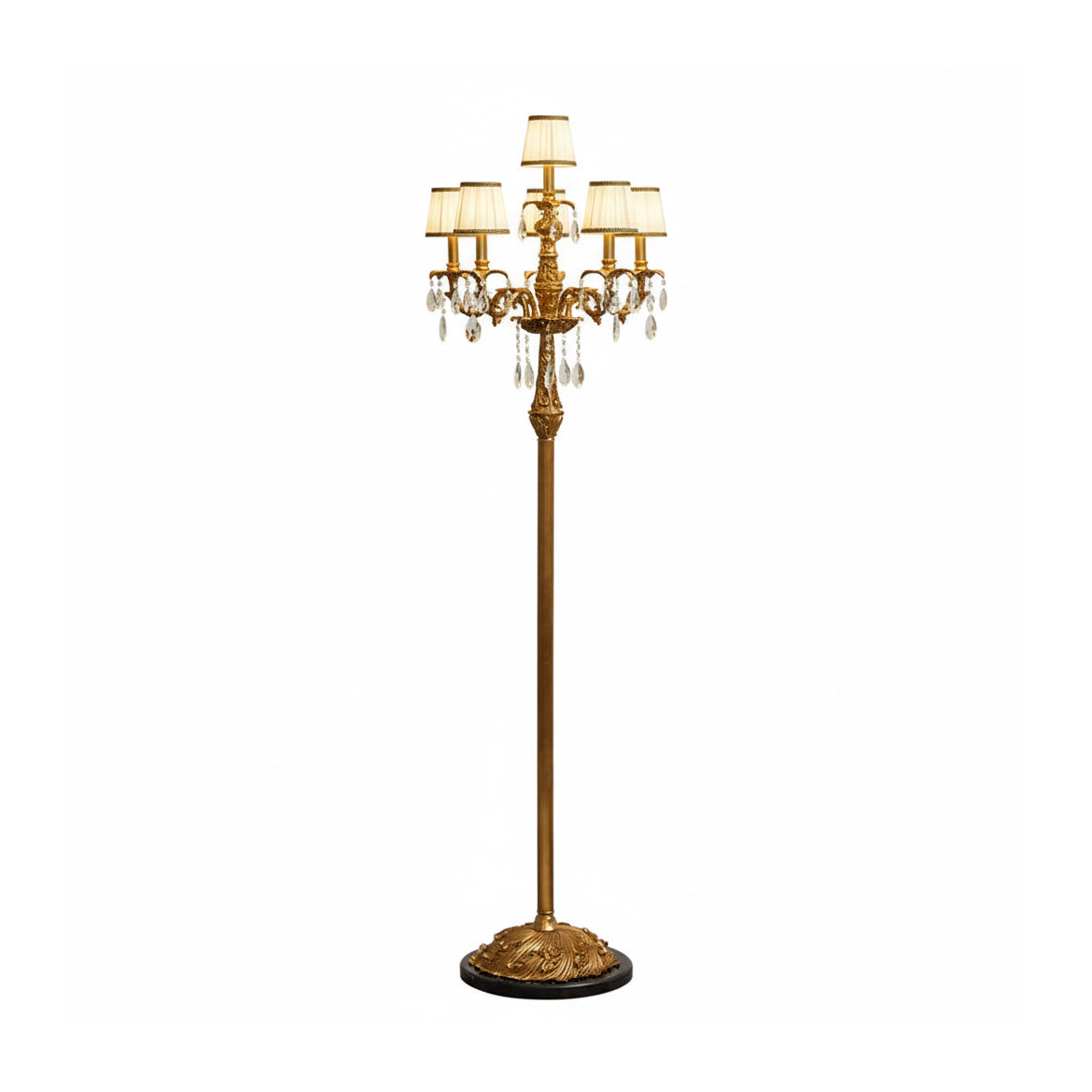 Carins Floor Lamp – Vintage Brass & Pleated Fabric Multi-Head Candlestick Floor Lamp