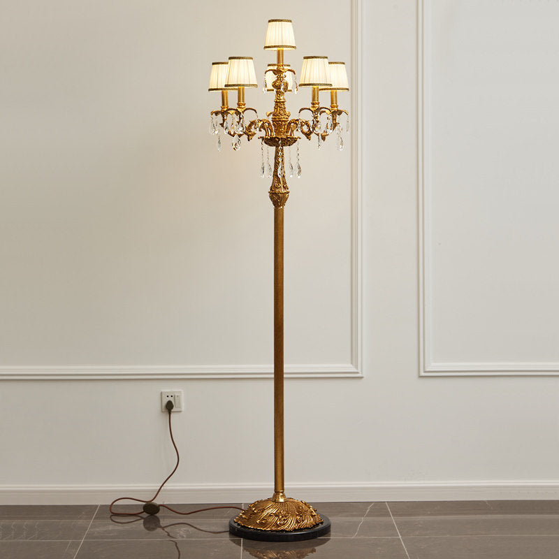 Carins Floor Lamp – Vintage Brass & Pleated Fabric Multi-Head Candlestick Floor Lamp