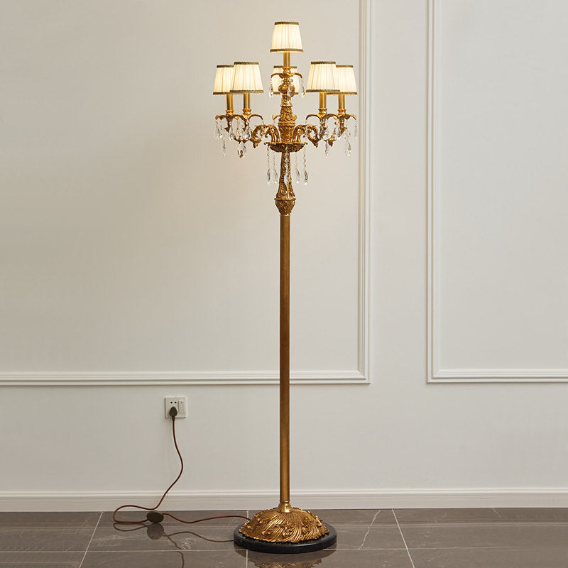 Carins Floor Lamp – Vintage Brass & Pleated Fabric Multi-Head Candlestick Floor Lamp
