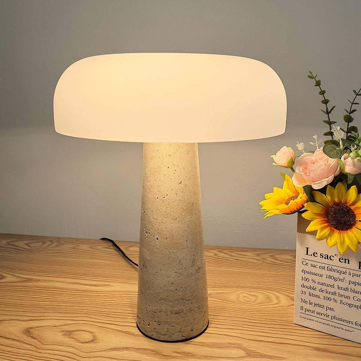 Carla Table Lamp – Travertine Natural Stone & Opal Glass Accent Light
