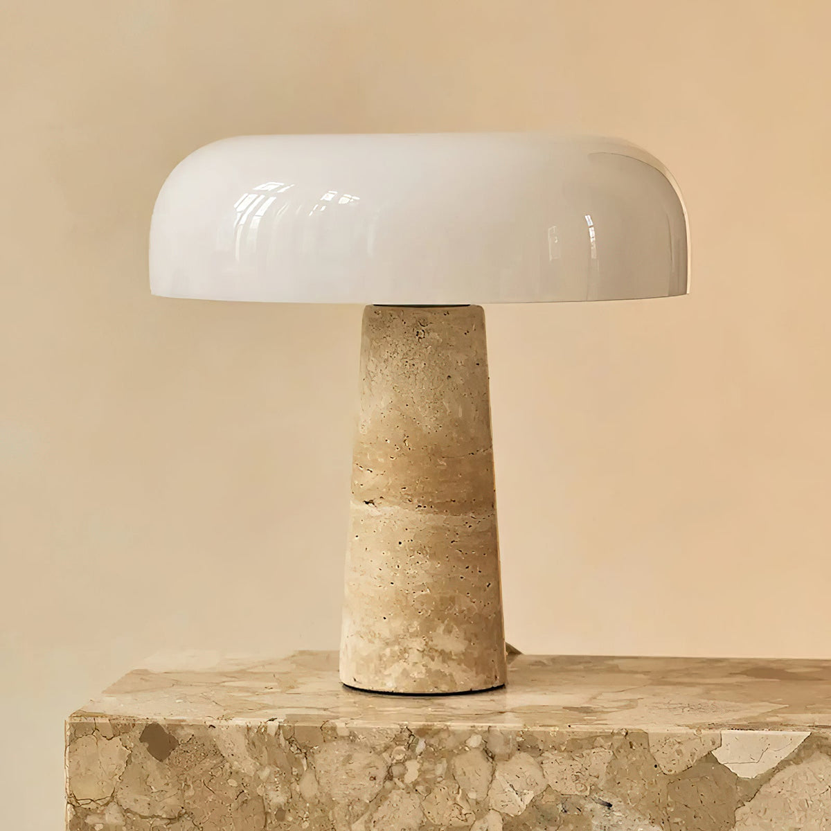 Carla Table Lamp – Travertine Natural Stone & Opal Glass Accent Light