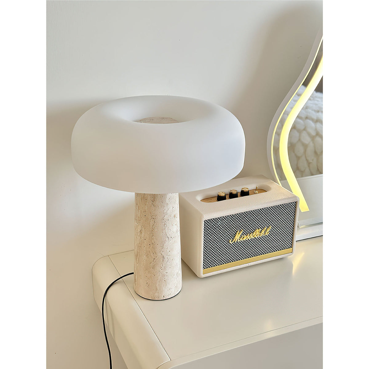 Carla Table Lamp – Travertine Natural Stone & Opal Glass Accent Light