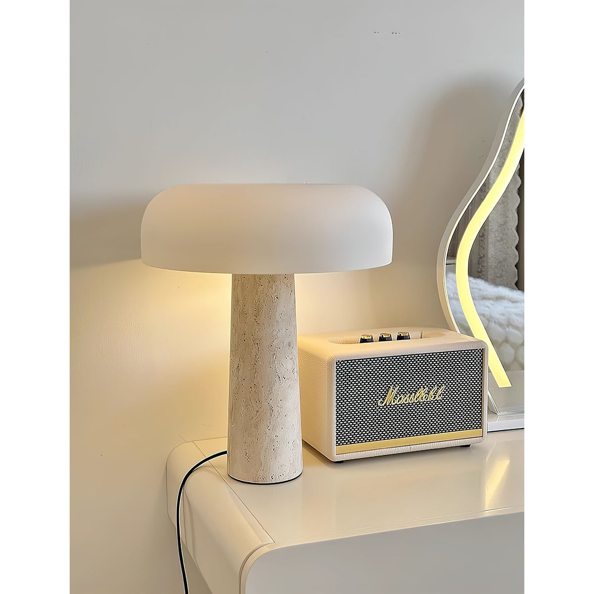 Carla Table Lamp – Travertine Natural Stone & Opal Glass Accent Light