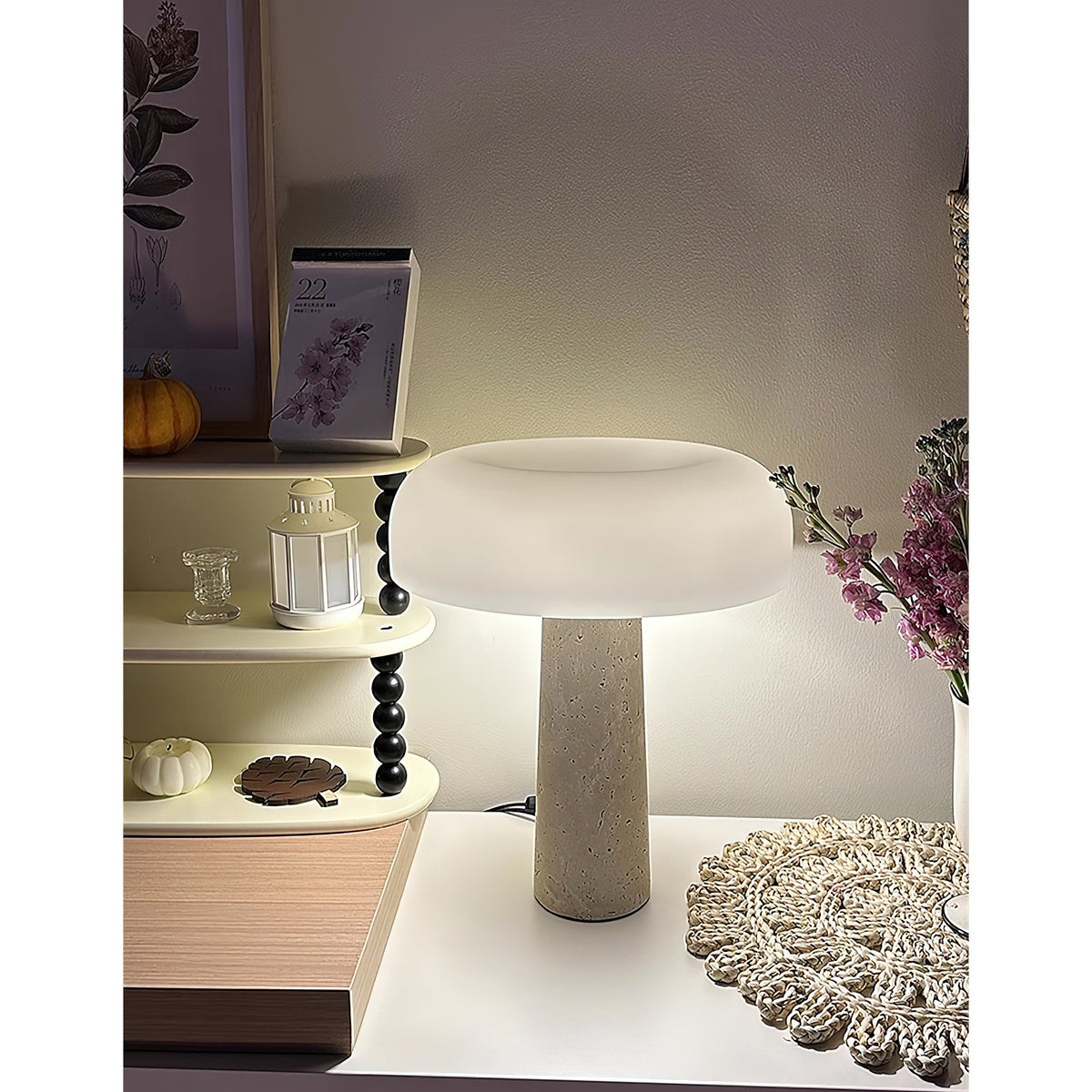 Carla Table Lamp – Travertine Natural Stone & Opal Glass Accent Light