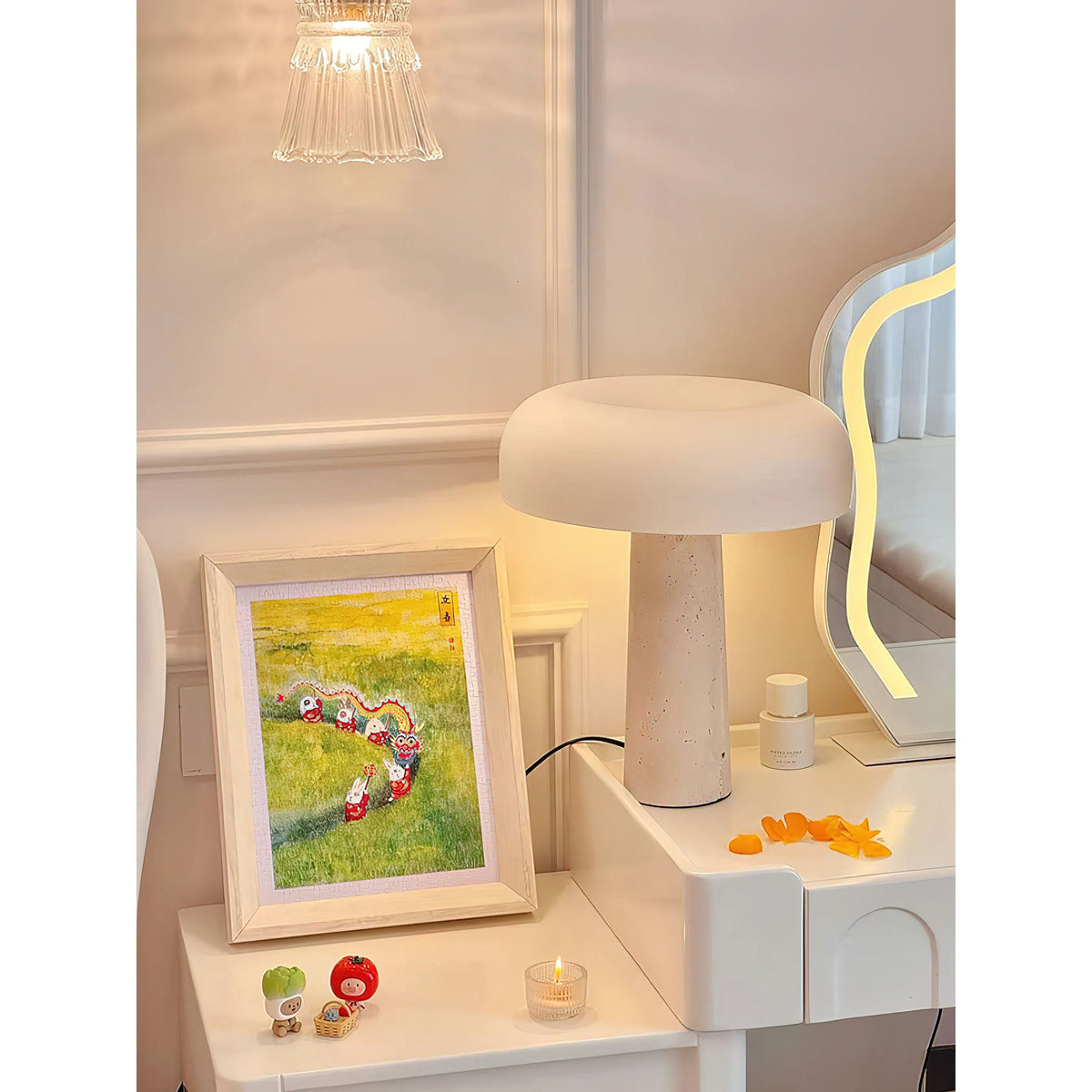 Carla Table Lamp – Travertine Natural Stone & Opal Glass Accent Light