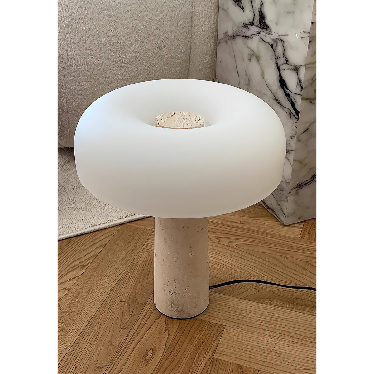 Carla Table Lamp – Travertine Natural Stone & Opal Glass Accent Light