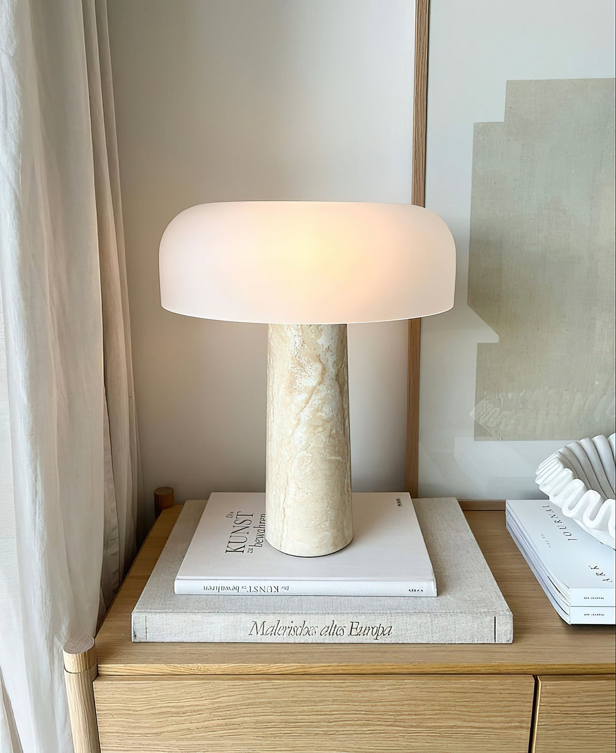 Carla Table Lamp – Travertine Natural Stone & Opal Glass Accent Light