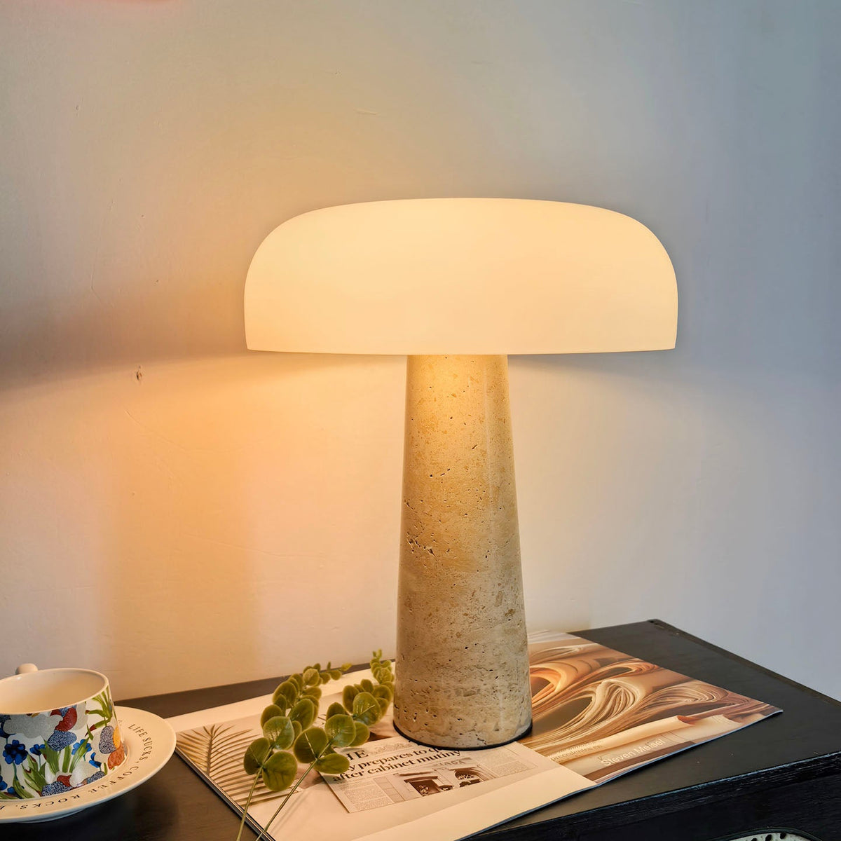Carla Table Lamp – Travertine Natural Stone & Opal Glass Accent Light