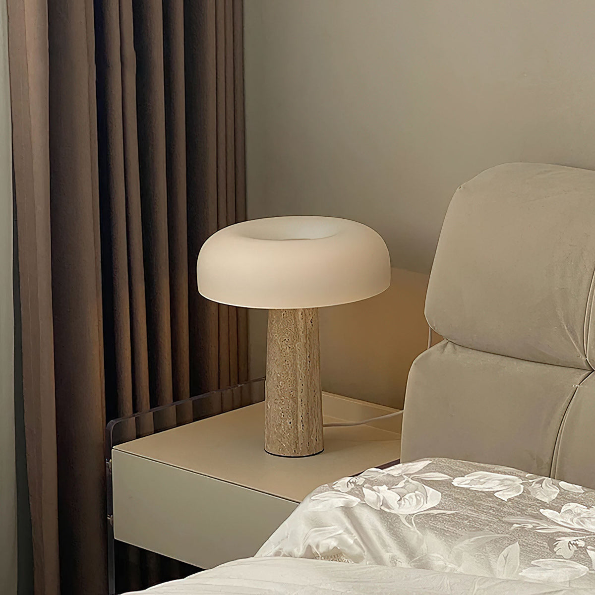 Carla Table Lamp – Travertine Natural Stone & Opal Glass Accent Light