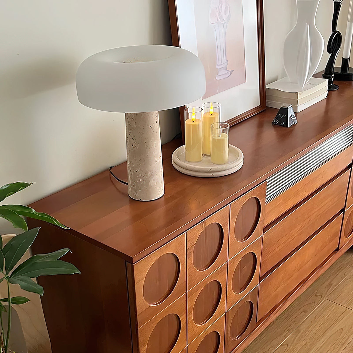 Carla Table Lamp – Travertine Natural Stone & Opal Glass Accent Light