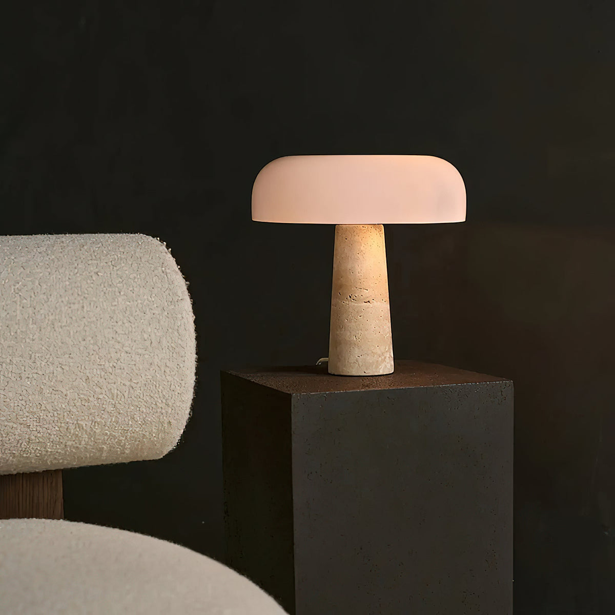 Carla Table Lamp – Travertine Natural Stone & Opal Glass Accent Light