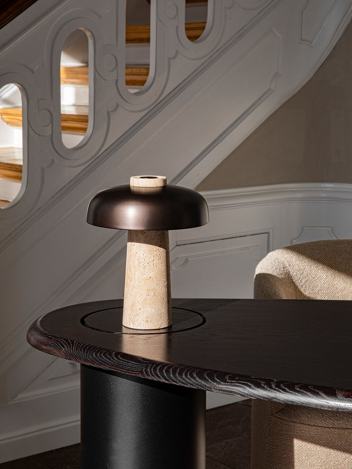 Carla Travertine Table Lamp – Raw Travertine Stone & Aluminum Accent Lamp