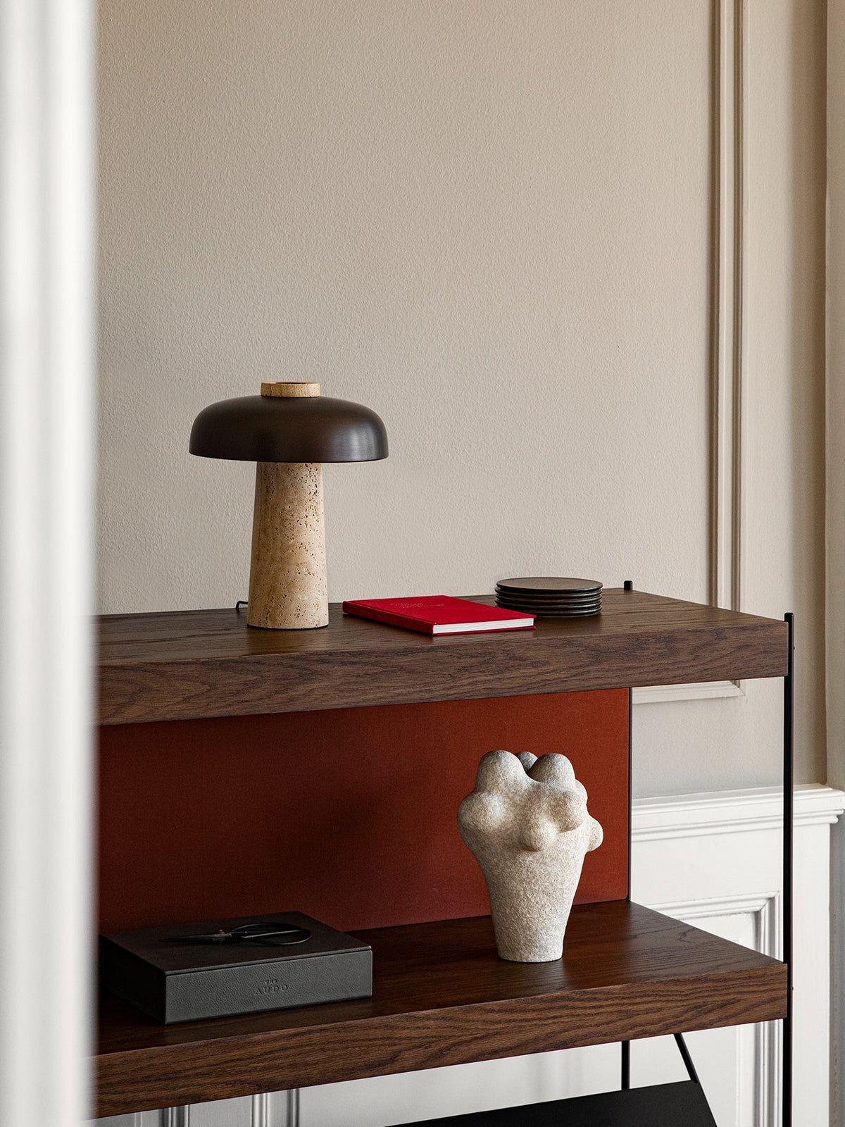 Carla Travertine Table Lamp – Raw Travertine Stone & Aluminum Accent Lamp