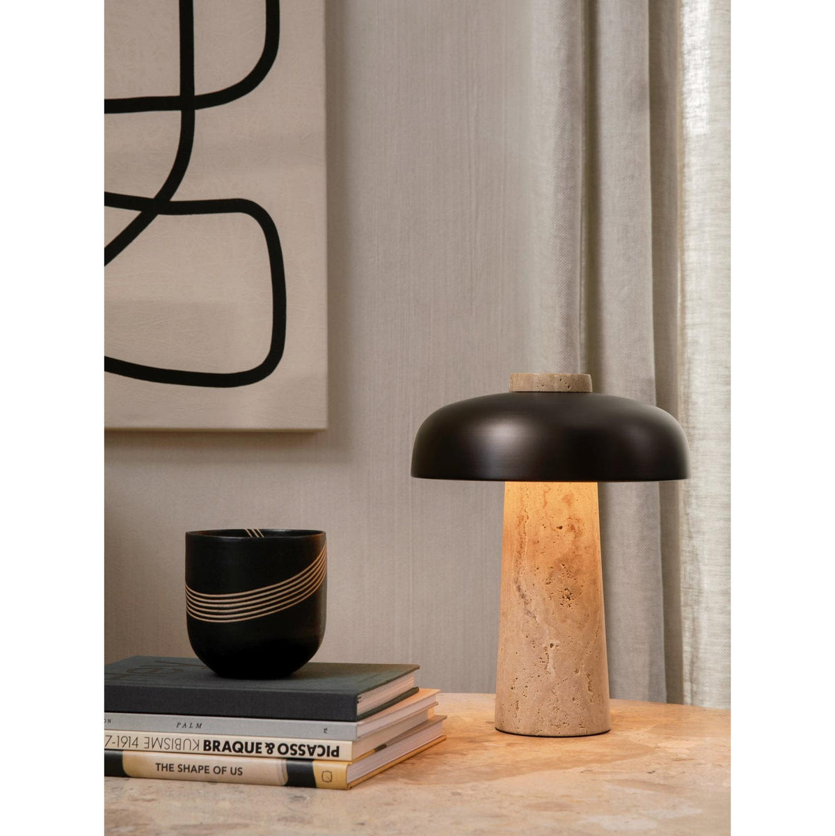 Carla Travertine Table Lamp – Raw Travertine Stone & Aluminum Accent Lamp