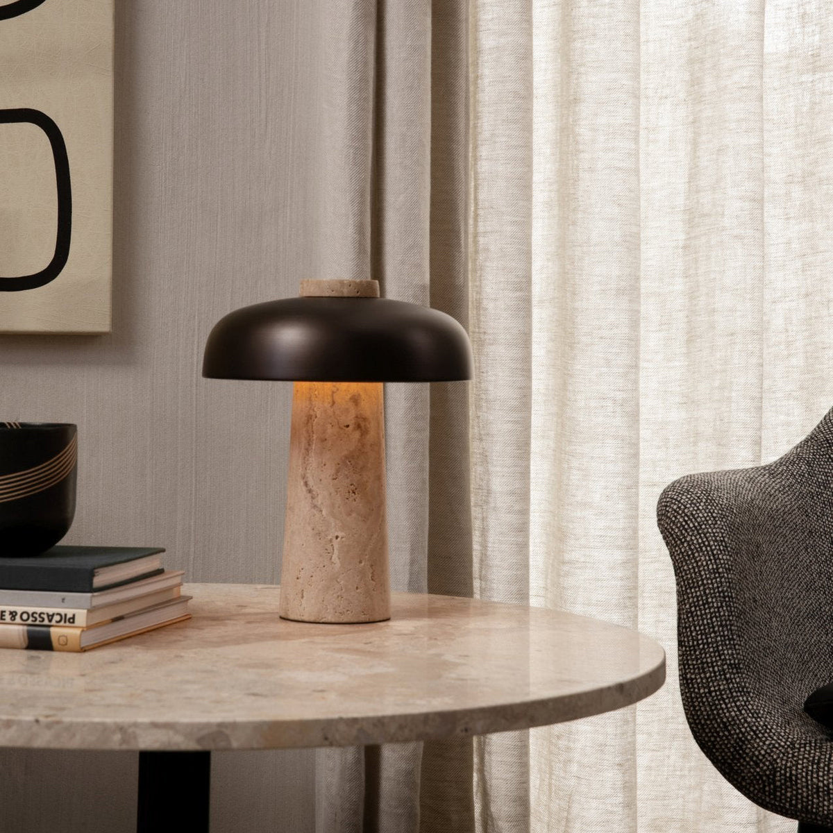 Carla Travertine Table Lamp – Raw Travertine Stone & Aluminum Accent Lamp