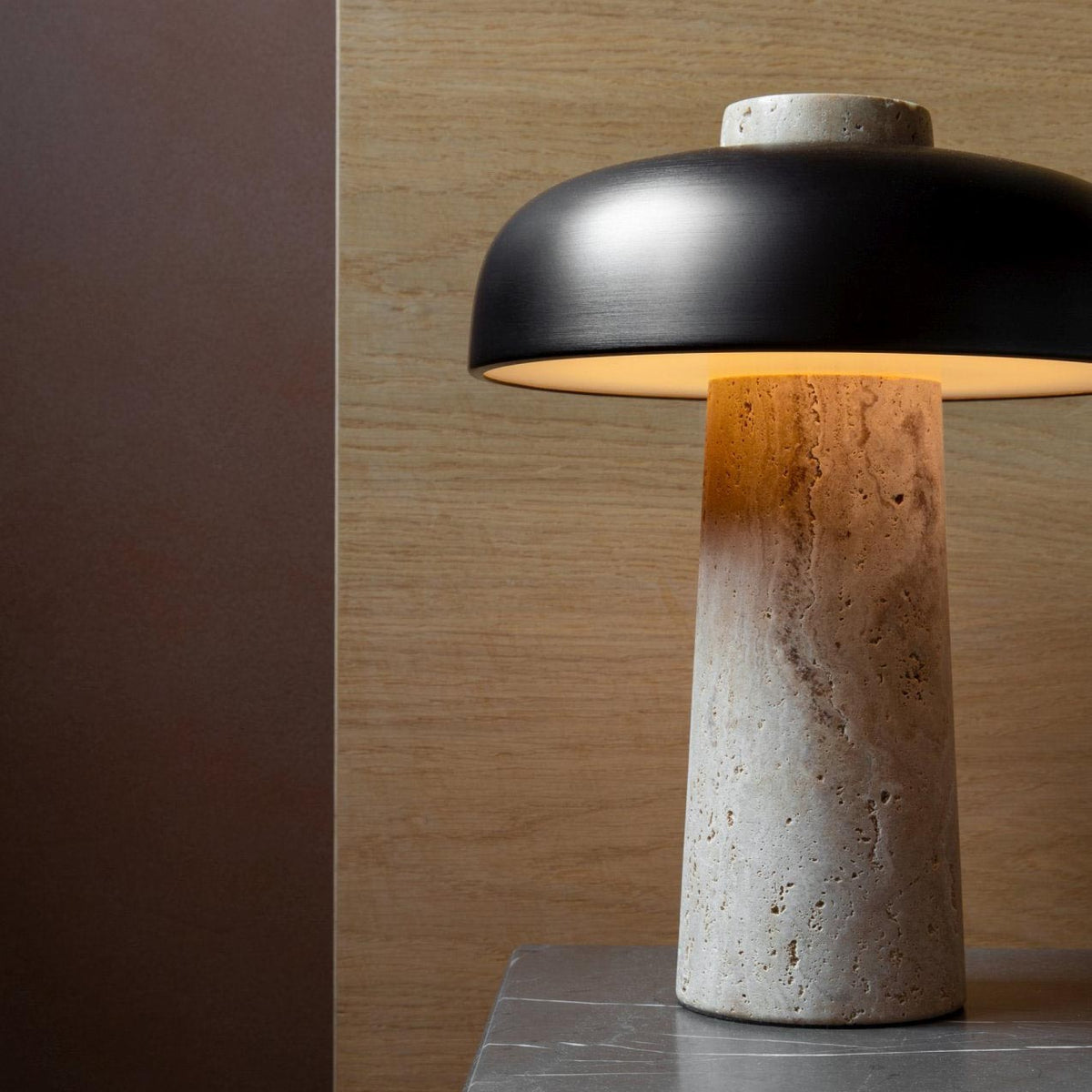 Carla Travertine Table Lamp – Raw Travertine Stone & Aluminum Accent Lamp
