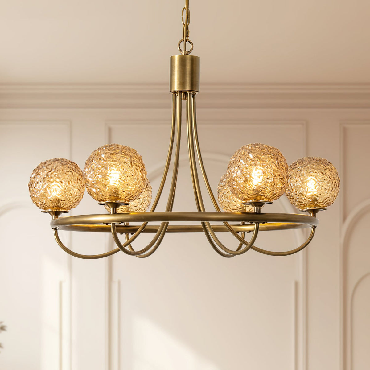 Caroline Sphere Chandelier – Antique Brass & Glass Globe Fringe Chandelier