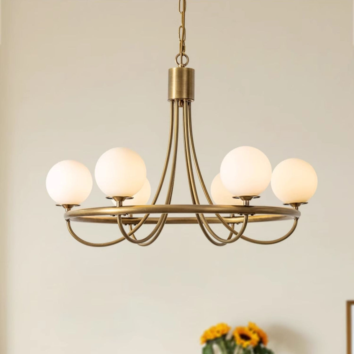 Caroline Sphere Chandelier – Antique Brass & Glass Globe Fringe Chandelier