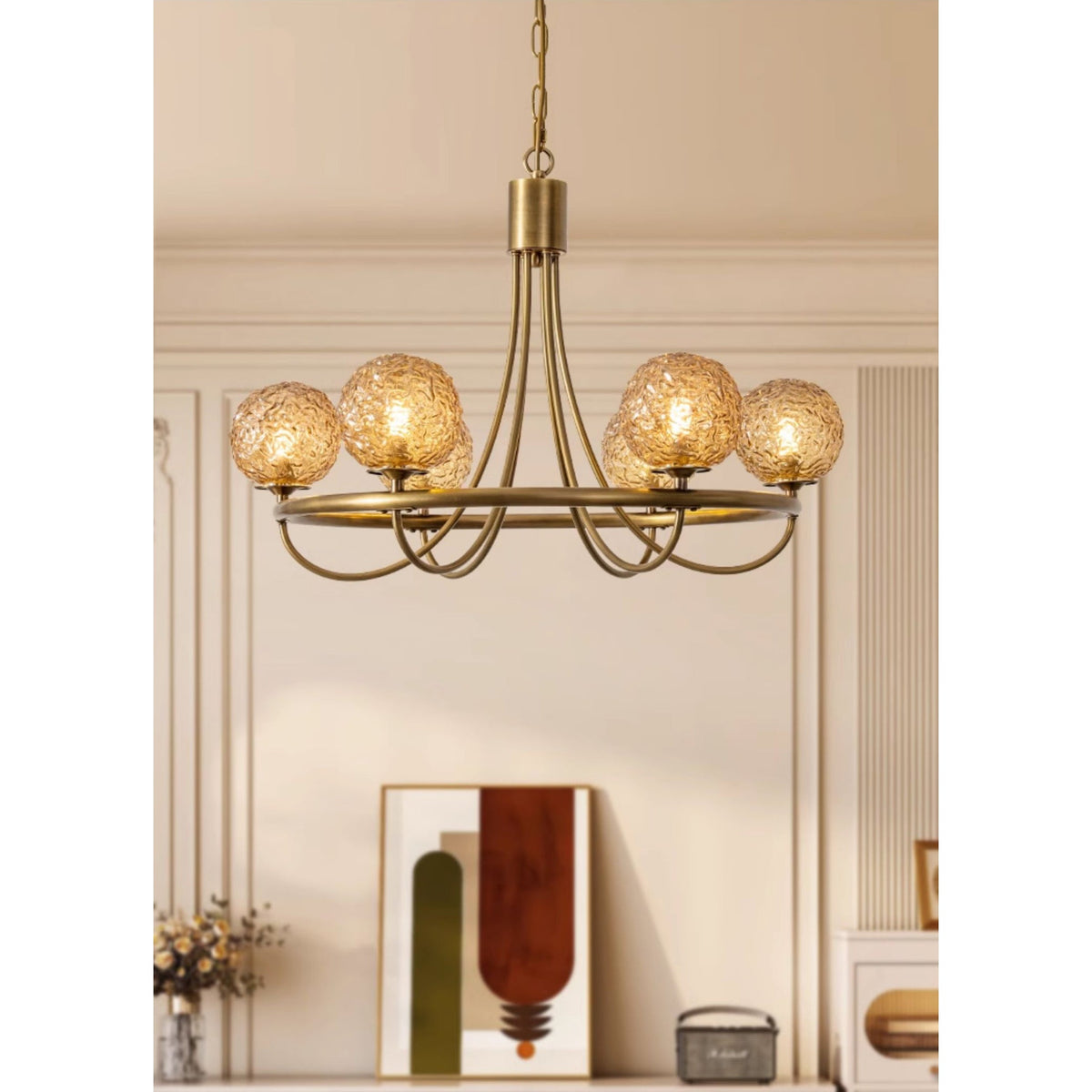 Caroline Sphere Chandelier – Antique Brass & Glass Globe Fringe Chandelier