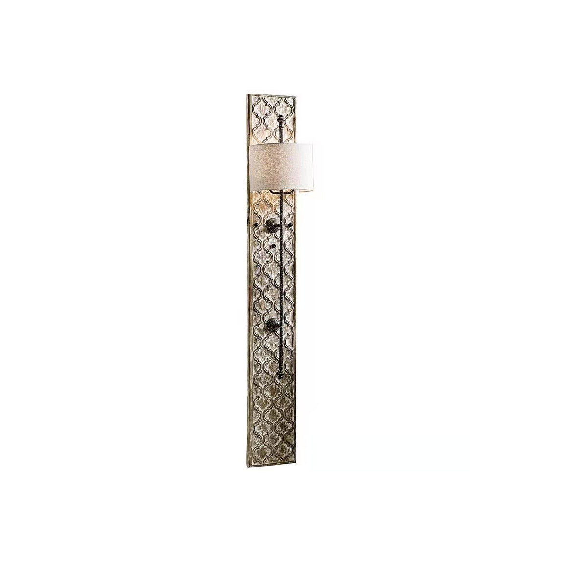 Carved Panel Sconce – Aged Whitewash Quatrefoil Wood & Blackened Iron Tall Sconce