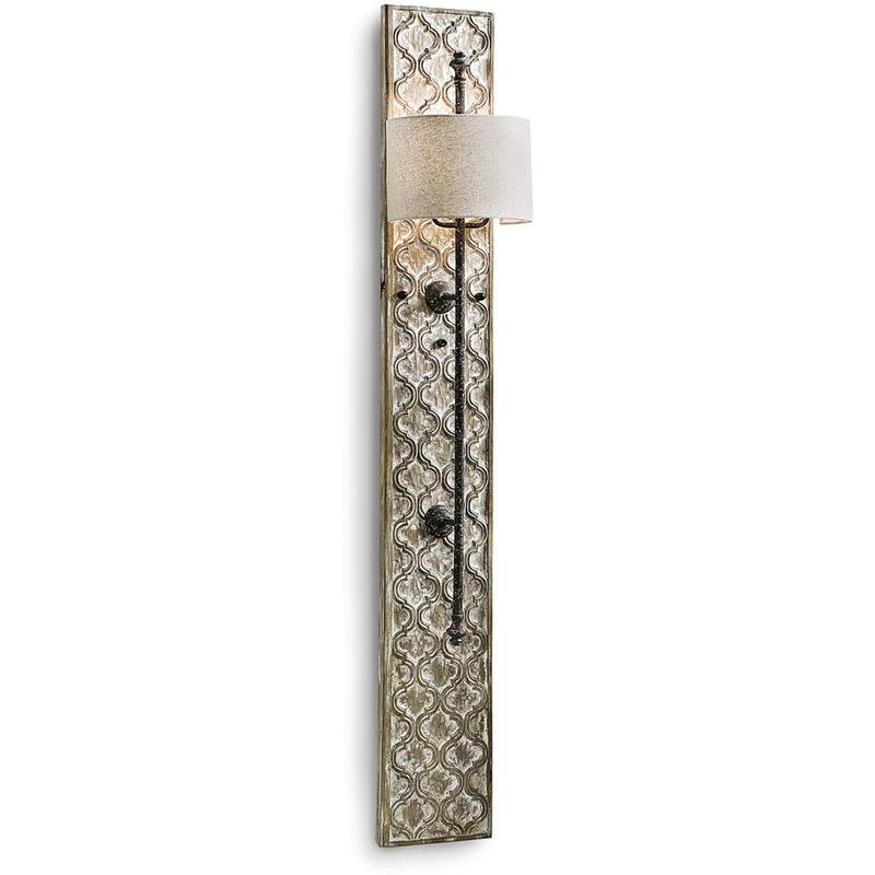 Carved Panel Sconce – Aged Whitewash Quatrefoil Wood & Blackened Iron Tall Sconce