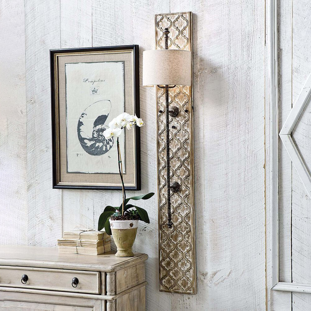 Carved Panel Sconce – Aged Whitewash Quatrefoil Wood & Blackened Iron Tall Sconce
