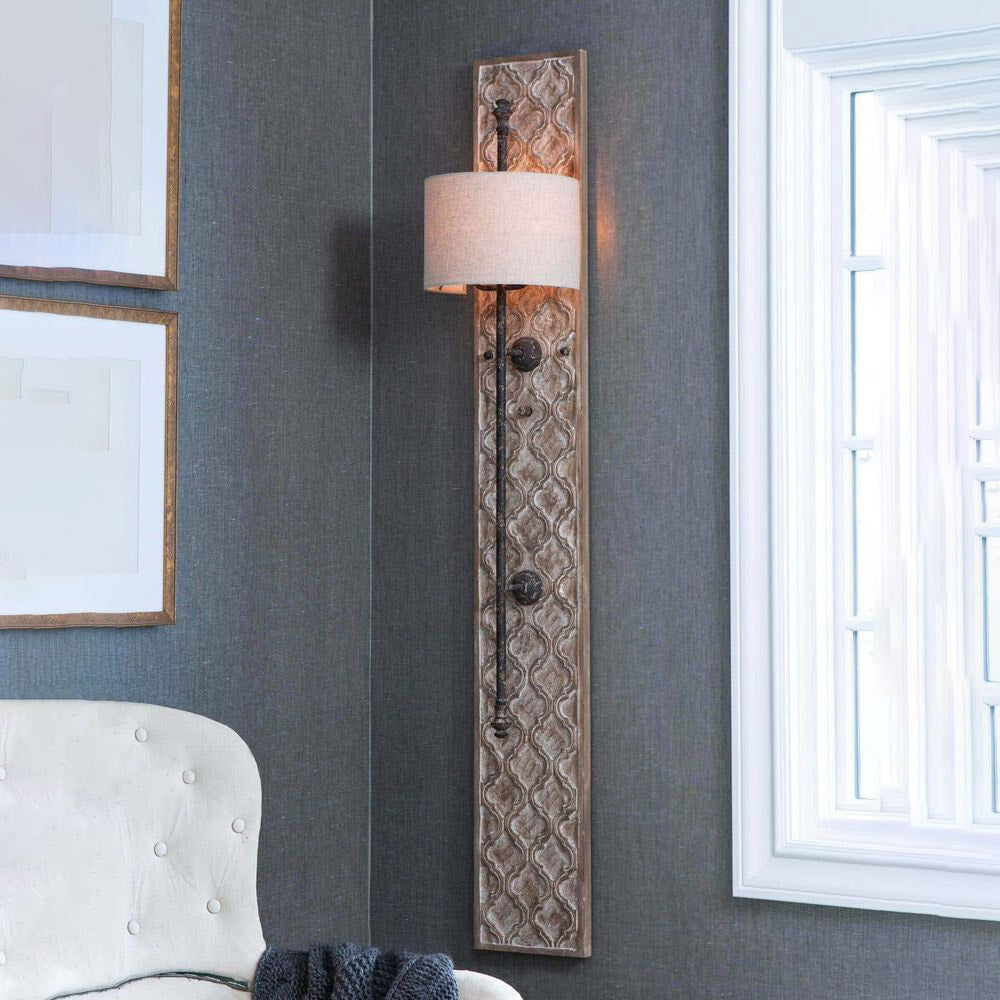 Carved Panel Sconce – Aged Whitewash Quatrefoil Wood & Blackened Iron Tall Sconce