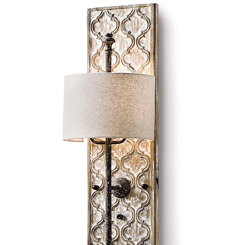 Carved Panel Sconce – Aged Whitewash Quatrefoil Wood & Blackened Iron Tall Sconce