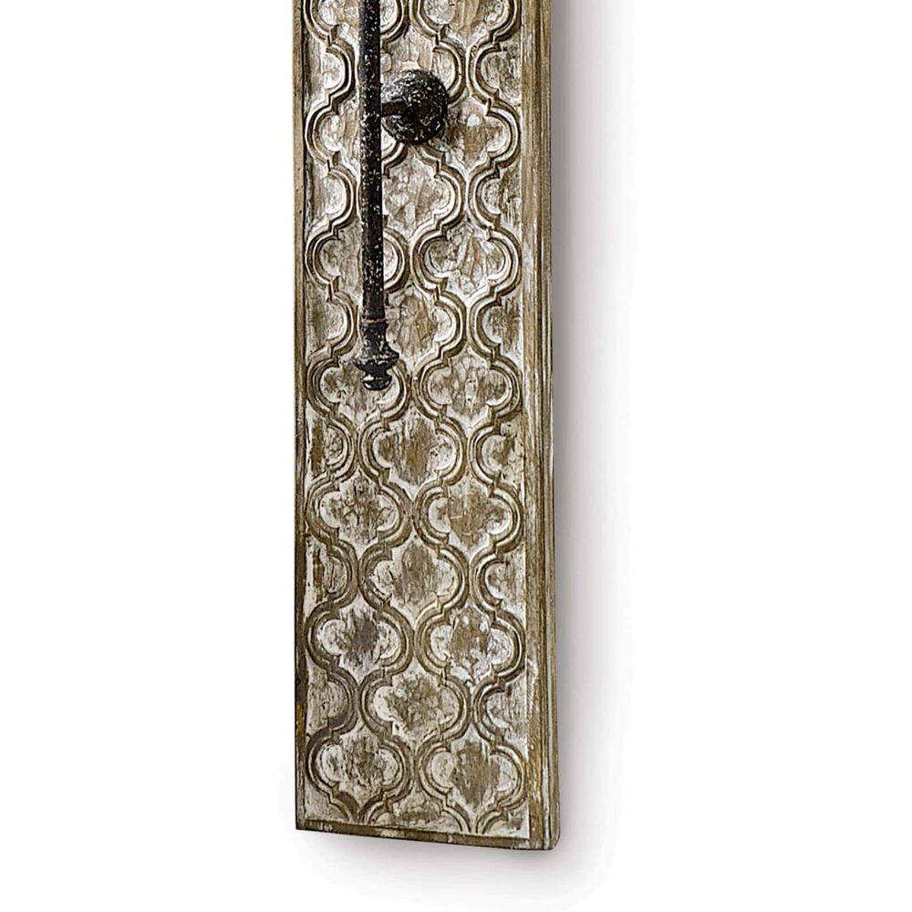 Carved Panel Sconce – Aged Whitewash Quatrefoil Wood & Blackened Iron Tall Sconce