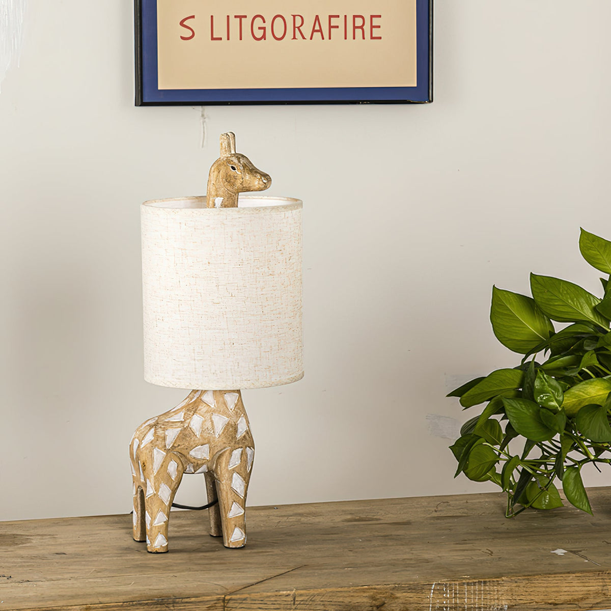 Carved Wood Animal Table Lamp – Hand-Carved Wooden Nursery Accent Light