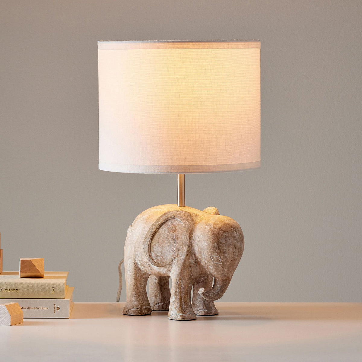 Carved Wood Animal Table Lamp – Hand-Carved Wooden Nursery Accent Light