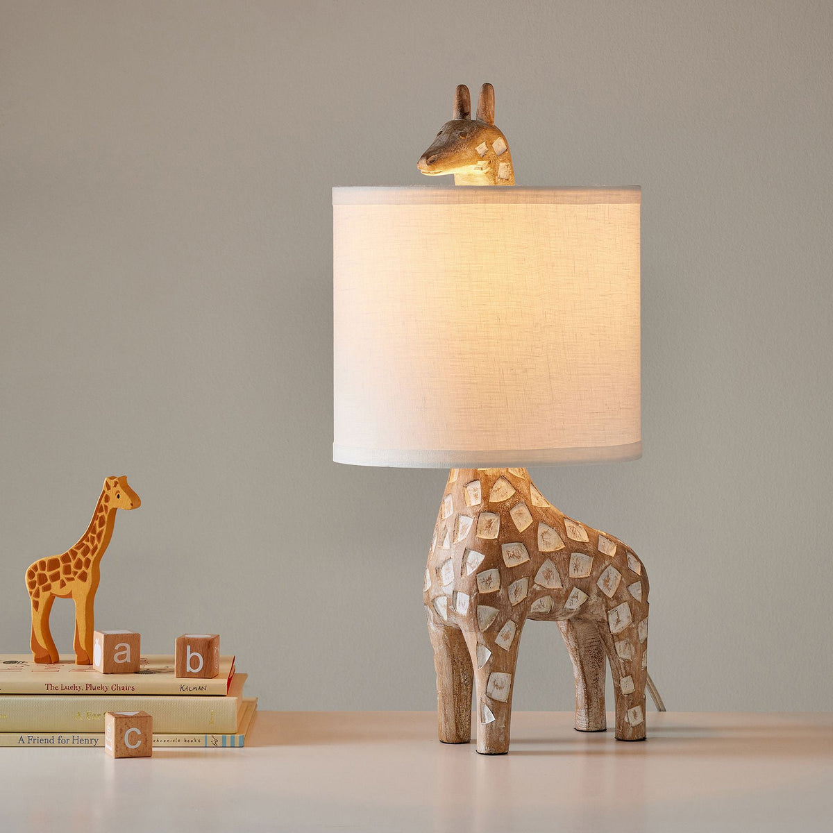 Carved Wood Animal Table Lamp – Hand-Carved Wooden Nursery Accent Light