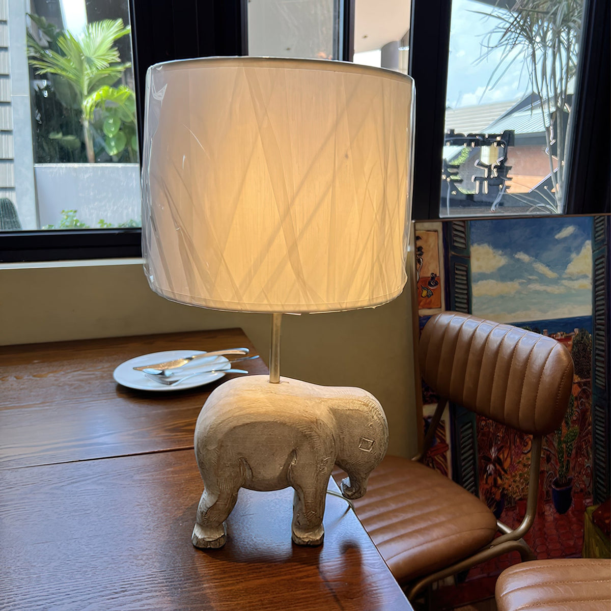 Carved Wood Animal Table Lamp – Hand-Carved Wooden Nursery Accent Light