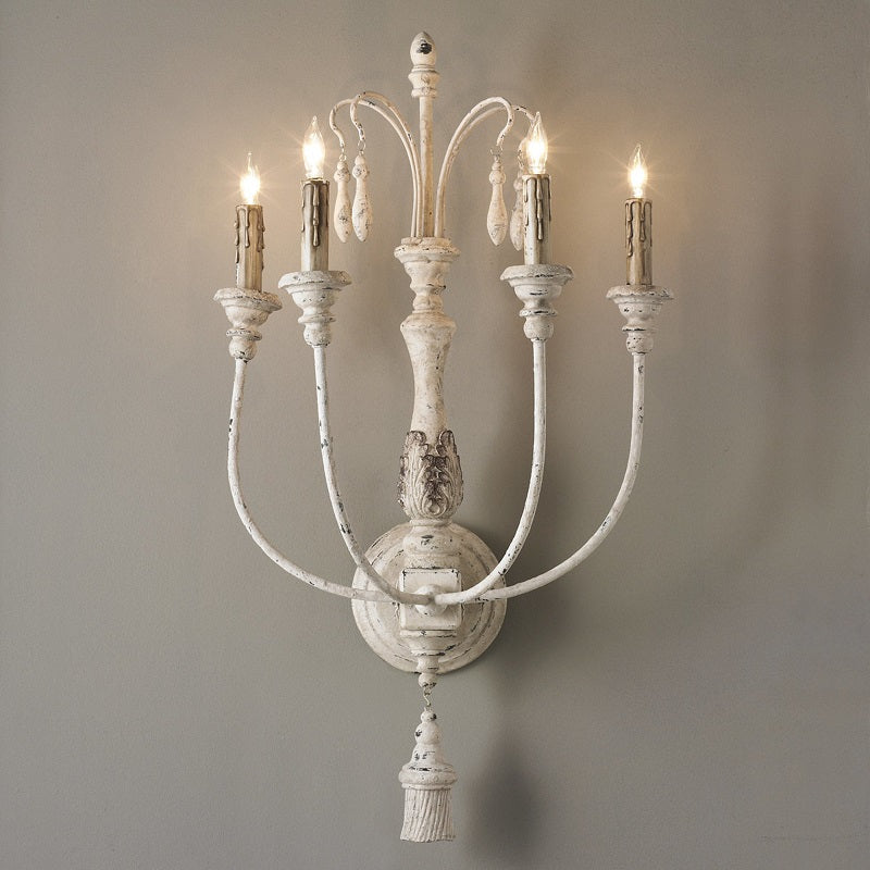 Cassell Candle Wall Lamp – Antique White Wood & Iron 4-Light Sconce