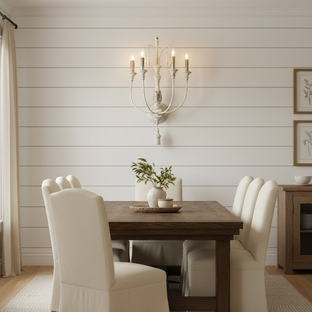 Cassell Candle Wall Lamp – Antique White Wood & Iron 4-Light Sconce