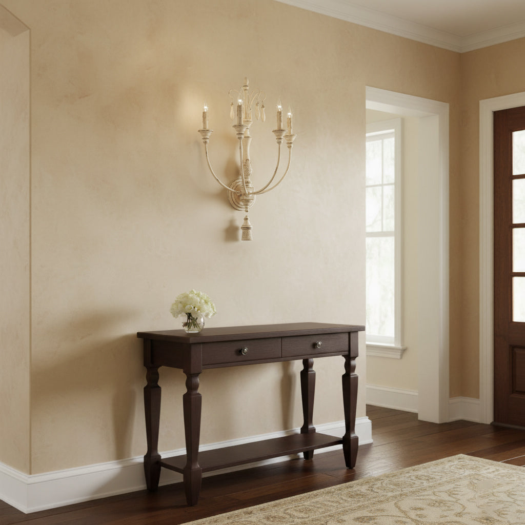 Cassell Candle Wall Lamp – Antique White Wood & Iron 4-Light Sconce