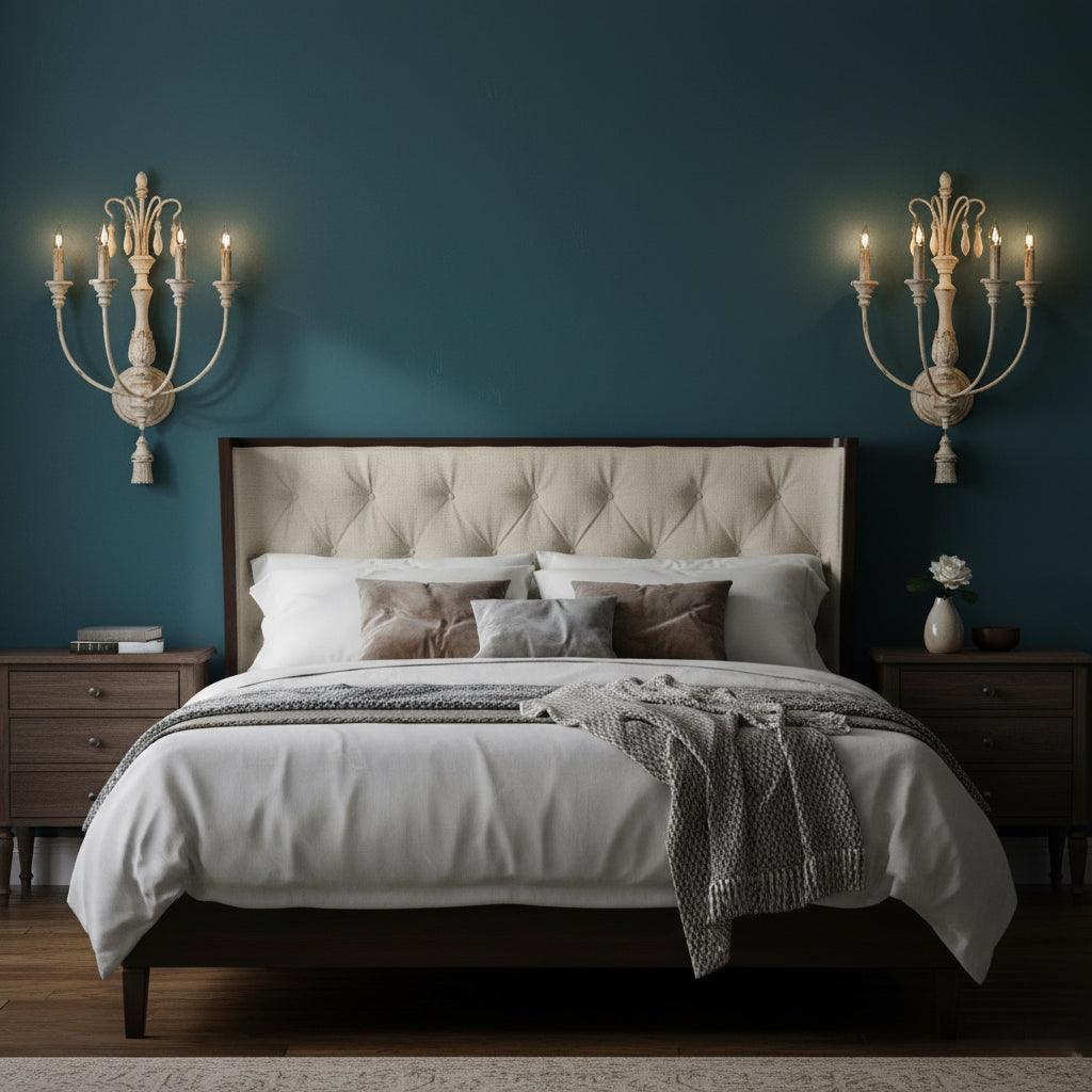 Cassell Candle Wall Lamp – Antique White Wood & Iron 4-Light Sconce