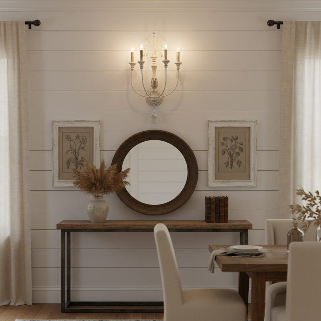 Cassell Candle Wall Lamp – Antique White Wood & Iron 4-Light Sconce