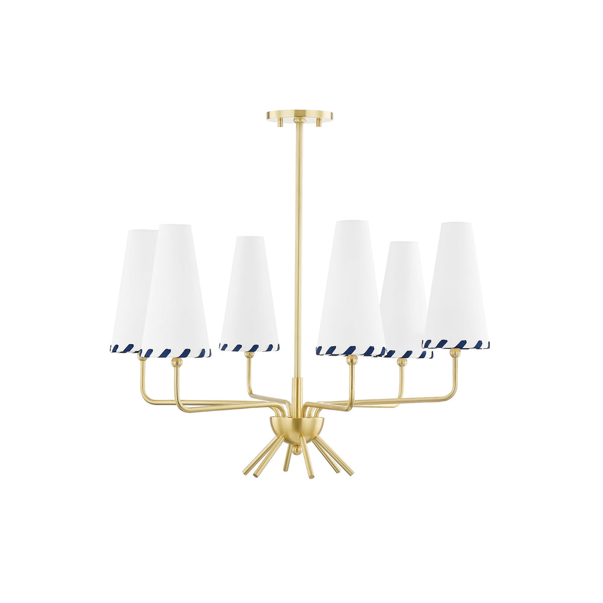 Cassie Chandelier – Aged Brass & Belgian Linen 6-Light Chandelier with Blue Trim