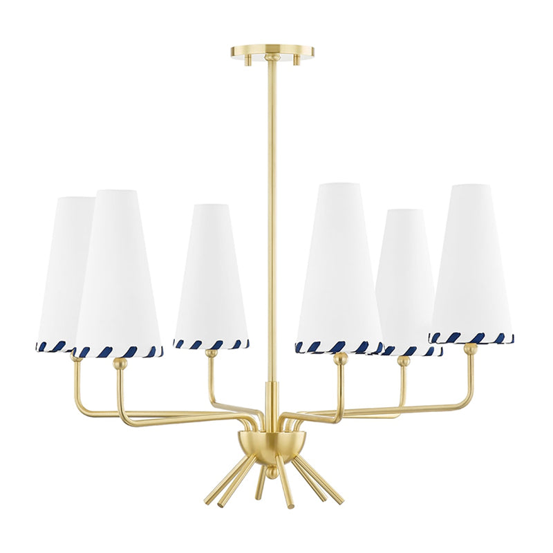 Cassie Chandelier – Aged Brass & Belgian Linen 6-Light Chandelier with Blue Trim