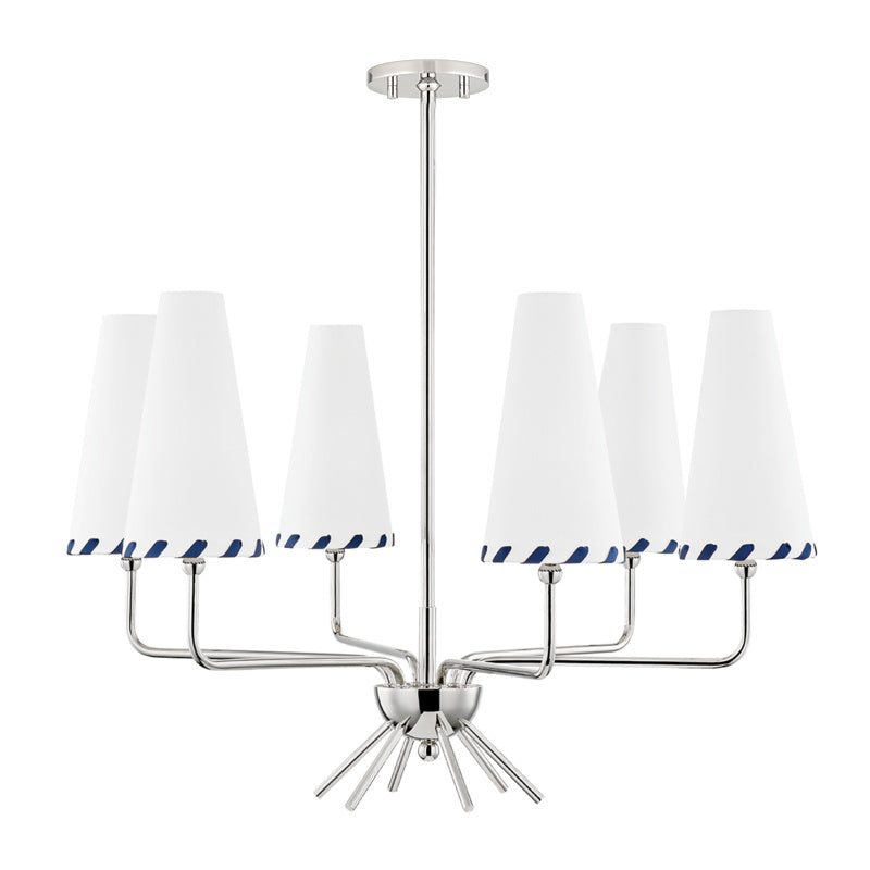 Cassie Chandelier – Aged Brass & Belgian Linen 6-Light Chandelier with Blue Trim