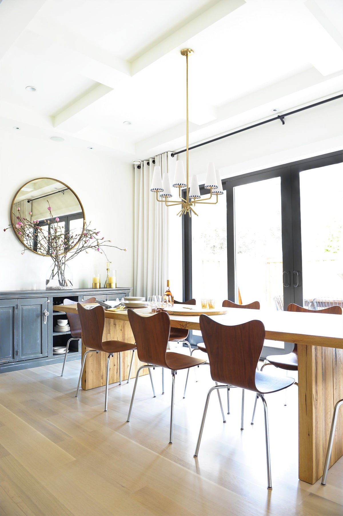 Cassie Chandelier – Aged Brass & Belgian Linen 6-Light Chandelier with Blue Trim