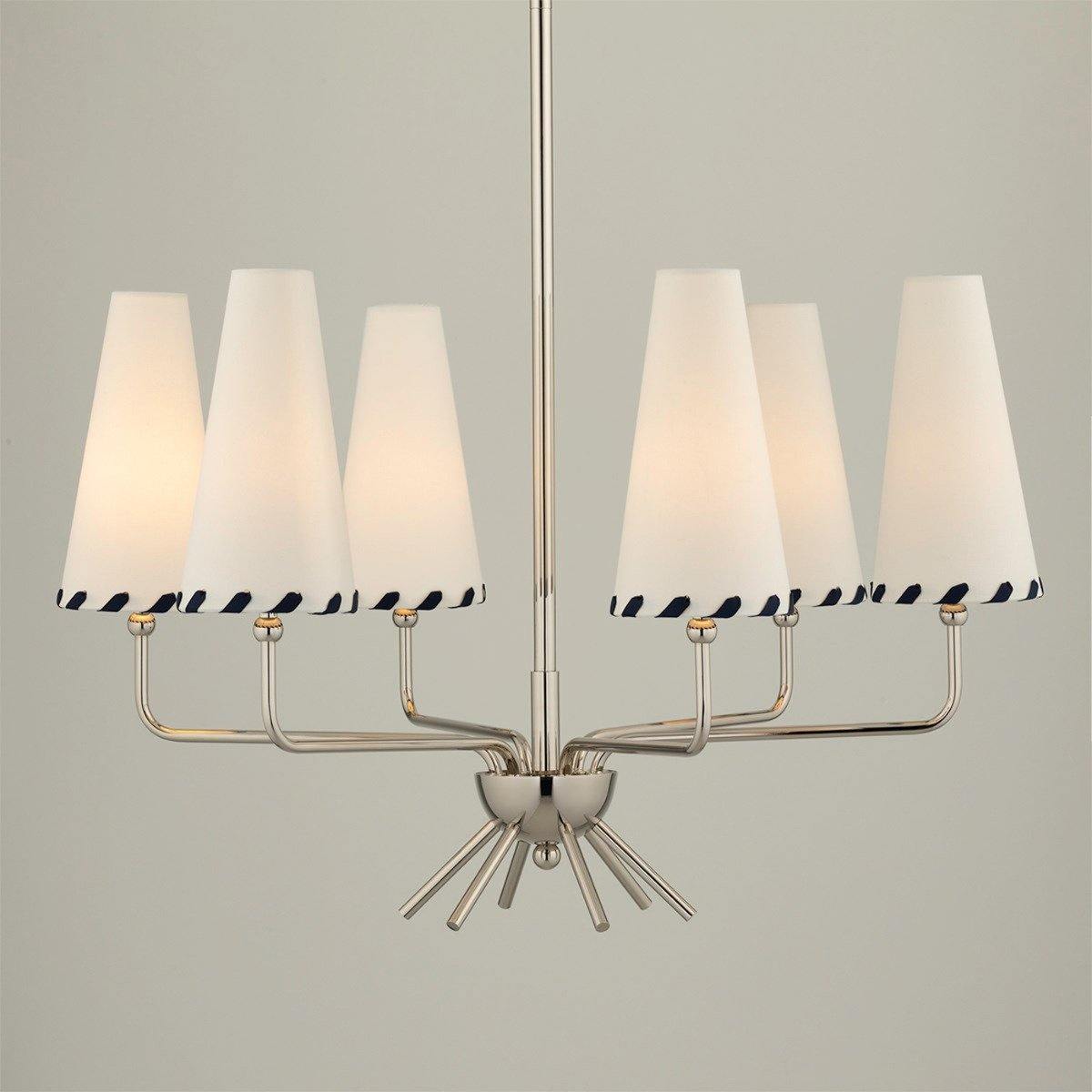 Cassie Chandelier – Aged Brass & Belgian Linen 6-Light Chandelier with Blue Trim